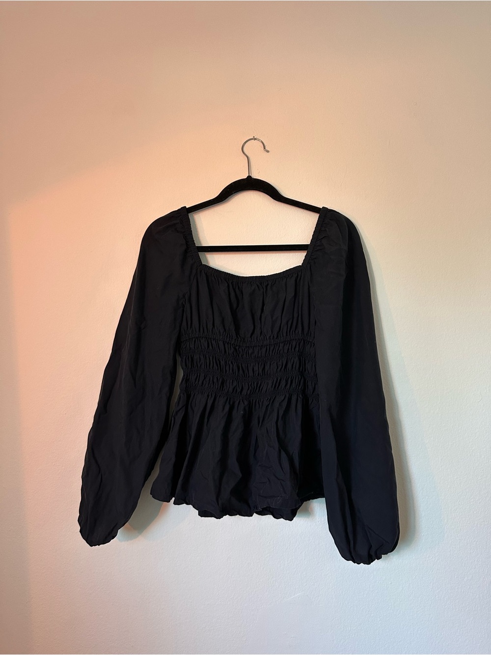 Hill House Black Smocked Peplum Blouse with Puff Sleeves